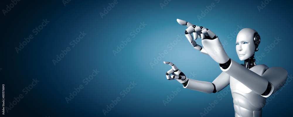 Poster mlp 3d illustration ai humanoid robot touching finger at copy space in concept of artificial intelli