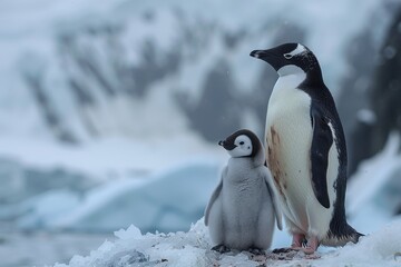 A fluffy penguin chick standing on a patch of ice, with its parent nearby. The chick is looking up at the adult penguin with admiration