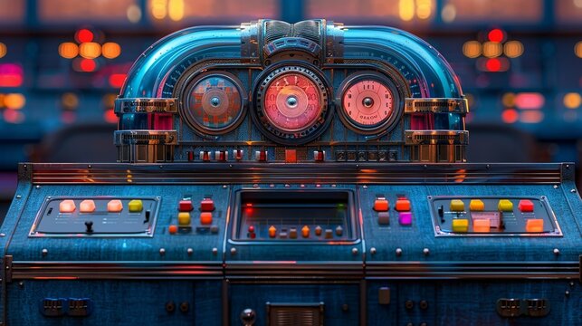 Close-up of a retro jukebox in shades of chambray blue, with colorful buttons and dials that invite patrons to select their favorite nostalgic tunes. Abstract Backgrounds Illustration, Minimalism,