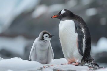 Obraz premium A fluffy penguin chick standing on a patch of ice, with its parent nearby. The chick is looking up at the adult penguin with admiration
