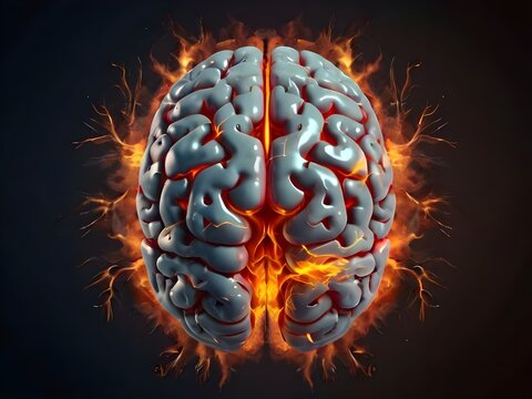 Front view of Brain on fire exploding brain disease