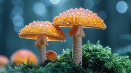 Orange Mushrooms with Dew Drops in a Forest Setting