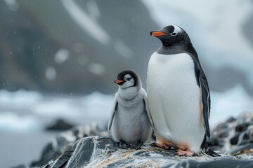 Fototapeta premium A fluffy penguin chick standing on a patch of ice, with its parent nearby. The chick is looking up at the adult penguin with admiration