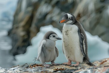 Naklejka premium A fluffy penguin chick standing on a patch of ice, with its parent nearby. The chick is looking up at the adult penguin with admiration