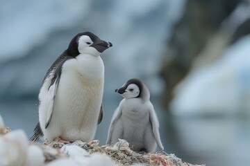 Obraz premium A fluffy penguin chick standing on a patch of ice, with its parent nearby. The chick is looking up at the adult penguin with admiration