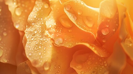 Rose petals with morning dew, close-up, golden hour lighting, high detail, soft focus. 
