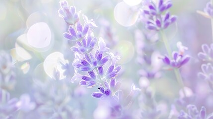 Lavender blossoms in full bloom, close-up, soft pastel hues, gentle sunlight, dreamy bokeh. 