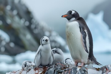 Fototapeta premium A fluffy penguin chick standing on a patch of ice, with its parent nearby. The chick is looking up at the adult penguin with admiration