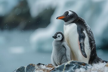 Naklejka premium A fluffy penguin chick standing on a patch of ice, with its parent nearby. The chick is looking up at the adult penguin with admiration