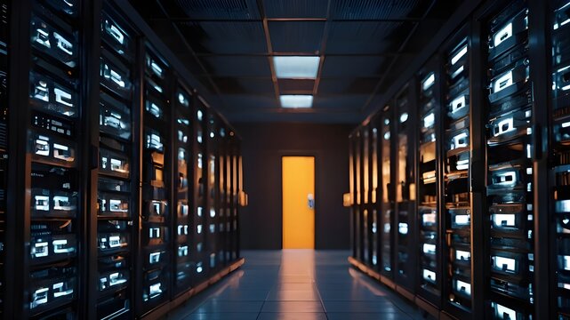 Data Encryption and Privacy: Secure Server Room with Glowing Encryption Symbols