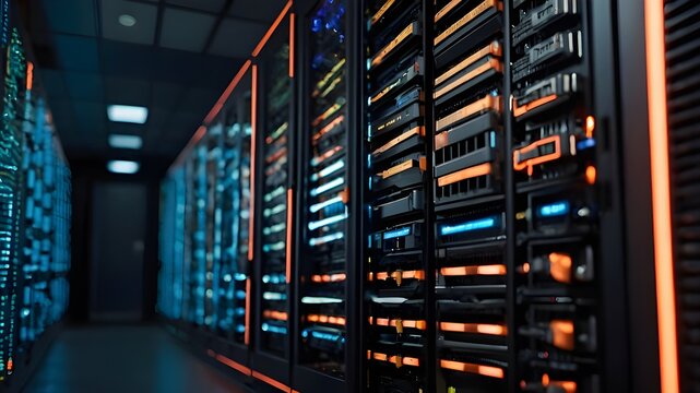 Data Encryption and Privacy: Secure Server Room with Glowing Encryption Symbols