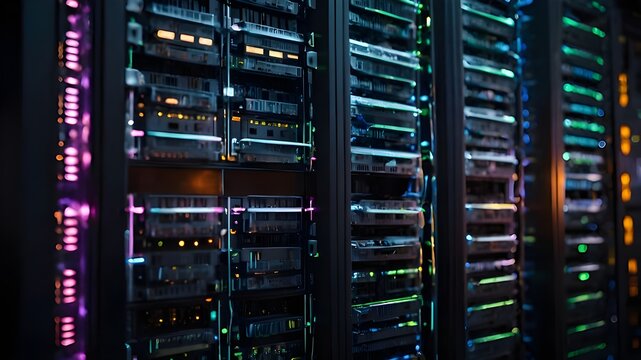 Data Encryption and Privacy: Secure Server Room with Glowing Encryption Symbols
