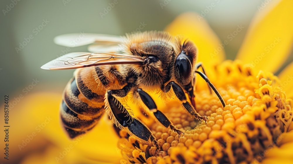 Poster crisp macro image displaying a bee collecting pollen on the disc florets of a sunflower
