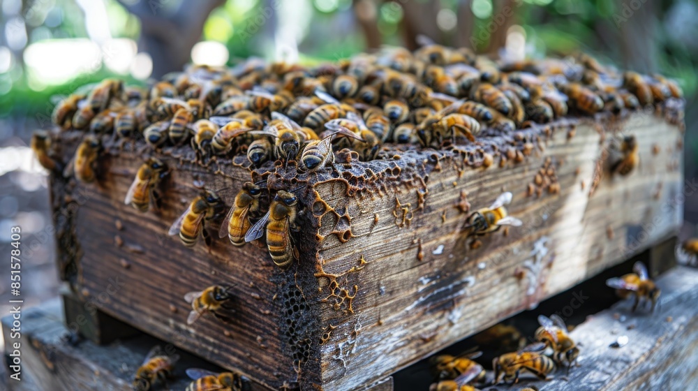 Poster a multitude of honeybees crowding on a rustic wooden beehive in a natural setting
