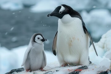 Naklejka premium A fluffy penguin chick standing on a patch of ice, with its parent nearby. The chick is looking up at the adult penguin with admiration