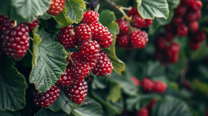 Close-up of ripe red raspberries hanging on a bush, showcasing vibrant colors and fresh produce in a garden.