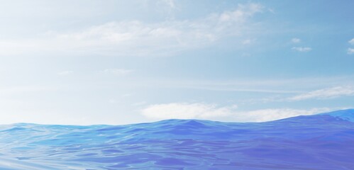 Obraz premium Beautiful Low angle shot of the Horizon, line where the sky and land or sea meet. Blue crystal waves of water under a clear blue sky. 3D rendered scene of a tropical seascape view.