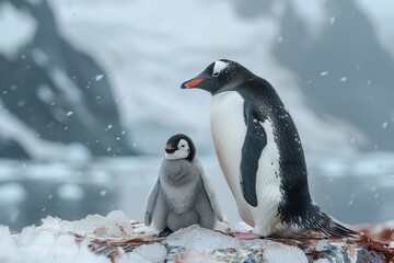 Fototapeta premium A fluffy penguin chick standing on a patch of ice, with its parent nearby. The chick is looking up at the adult penguin with admiration