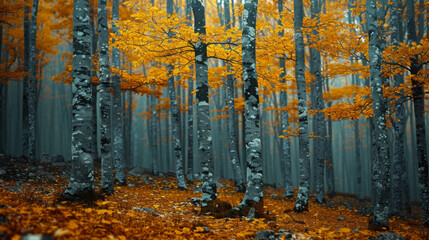 Abstract background of trees with golden leaves growing in woods in fall season in ordesa national park in spain.