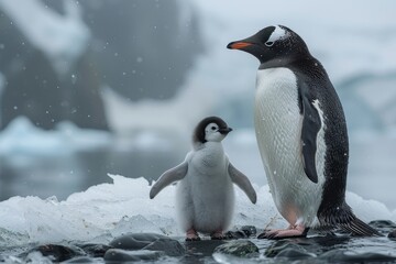 Naklejka premium A fluffy penguin chick standing on a patch of ice, with its parent nearby. The chick is looking up at the adult penguin with admiration