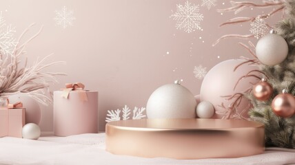 Fototapeta premium Christmas background with cylindrical empty podium for promotions. Round stage for presentation sale product. Pedestal or platform, snow, Xmas trees, glass balls, gifts and decorations.