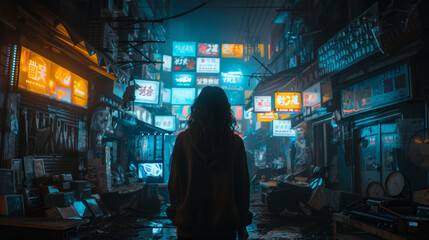 Fototapeta premium A woman stands in the rain in front of a neon sign