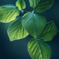 Fototapeta na wymiar A closeup of vibrant green leaves against a dark background, symbolizing natures beauty and tranquility Award winning photography in the style of Realistic Photography