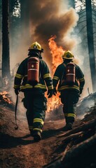 Heroic firefighters navigate the blazing forest, confronting the fierce wildfire with unwavering courage and dedication