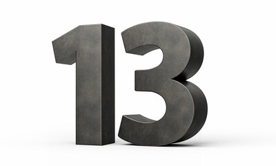 Number thirteen 13 Digit Made Of Gray Smooth Cast Iron Isolated On White Background 3d Illustration