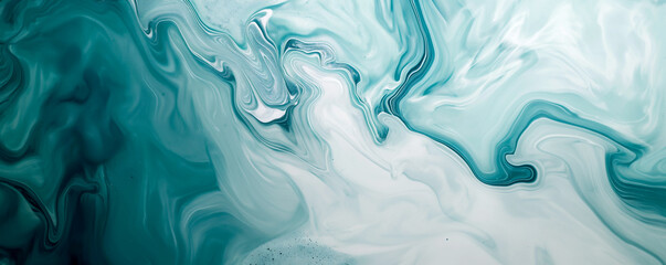 Obraz premium Swirling teal and white marbled liquid, abstract background with fluid patterns