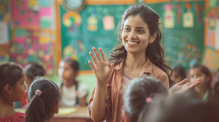 A smiling teacher engaging with young students in a colorful classroom, fostering a positive and interactive learning environment.