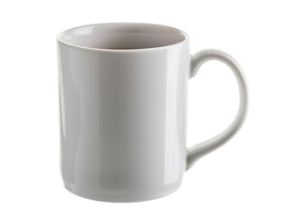 A white coffee cup with a handle sits on a white background