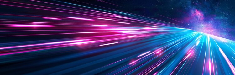 Abstract glowing light streaks background with pink and teal colors on dark blue, glowing speed lines