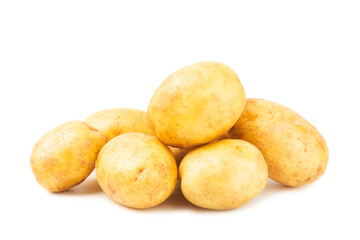 Young potatoes. Raw potatoes isolated on white background.Peel potatoes.Harvesting collection. organic, freshly dug potatoes. Agricultural background. Vegan. Vegetables.Potato slices.
