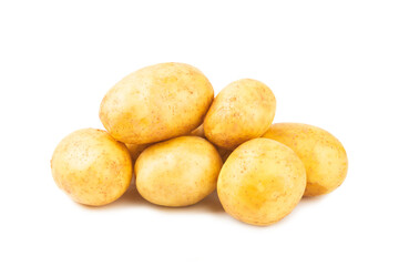 Young potatoes. Raw potatoes isolated on white background.Peel potatoes.Harvesting collection. organic, freshly dug potatoes. Agricultural background. Vegan. Vegetables.Potato slices.