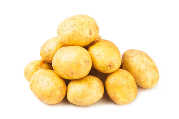 Young potatoes. Raw potatoes isolated on white background.Peel potatoes.Harvesting collection. organic, freshly dug potatoes. Agricultural background. Vegan. Vegetables.Potato slices.