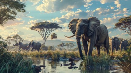 Photorealistic scene of wild elephants