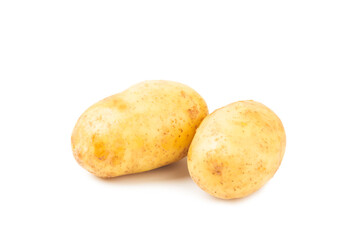 Young potatoes. Raw potatoes isolated on white background.Peel potatoes.Harvesting collection. organic, freshly dug potatoes. Agricultural background. Vegan. Vegetables.Potato slices.