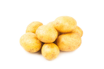 Young potatoes. Raw potatoes isolated on white background.Peel potatoes.Harvesting collection. organic, freshly dug potatoes. Agricultural background. Vegan. Vegetables.Potato slices.