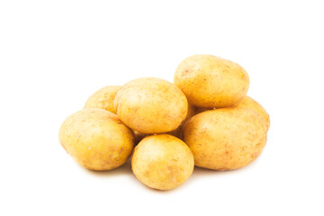 Young potatoes. Raw potatoes isolated on white background.Peel potatoes.Harvesting collection. organic, freshly dug potatoes. Agricultural background. Vegan. Vegetables.Potato slices.
