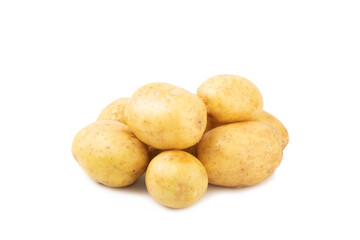 Young potatoes. Raw potatoes isolated on white background.Peel potatoes.Harvesting collection. organic, freshly dug potatoes. Agricultural background. Vegan. Vegetables.Potato slices.