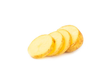 Young potatoes. Raw potatoes isolated on white background.Peel potatoes.Harvesting collection. organic, freshly dug potatoes. Agricultural background. Vegan. Vegetables.Potato slices.