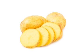 Young potatoes. Raw potatoes isolated on white background.Peel potatoes.Harvesting collection. organic, freshly dug potatoes. Agricultural background. Vegan. Vegetables.Potato slices.