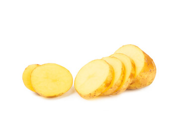 Young potatoes. Raw potatoes isolated on white background.Peel potatoes.Harvesting collection. organic, freshly dug potatoes. Agricultural background. Vegan. Vegetables.Potato slices.