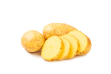Young potatoes. Raw potatoes isolated on white background.Peel potatoes.Harvesting collection. organic, freshly dug potatoes. Agricultural background. Vegan. Vegetables.Potato slices.