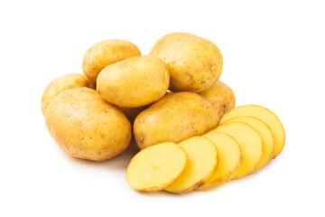 Young potatoes. Raw potatoes isolated on white background.Peel potatoes.Harvesting collection. organic, freshly dug potatoes. Agricultural background. Vegan. Vegetables.Potato slices.