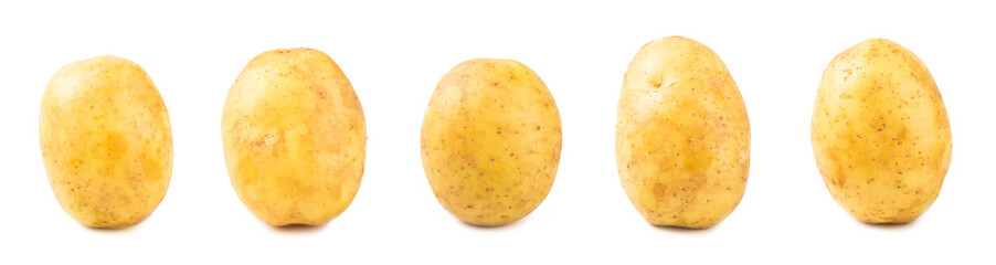 Young potatoes. Raw potatoes isolated on white background.Peel potatoes.Harvesting collection. organic, freshly dug potatoes. Agricultural background. Vegan. Vegetables.Potato slices.