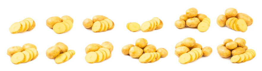 Young potatoes. Raw potatoes isolated on white background.Peel potatoes.Harvesting collection. organic, freshly dug potatoes. Agricultural background. Vegan. Vegetables.Potato slices.