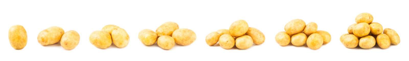 Young potatoes. Raw potatoes isolated on white background.Peel potatoes.Harvesting collection. organic, freshly dug potatoes. Agricultural background. Vegan. Vegetables.Potato slices.