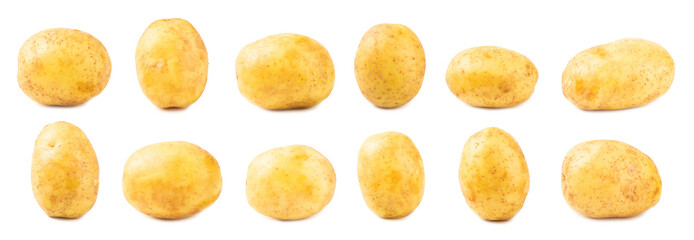 Young potatoes. Raw potatoes isolated on white background.Peel potatoes.Harvesting collection. organic, freshly dug potatoes. Agricultural background. Vegan. Vegetables.Potato slices.